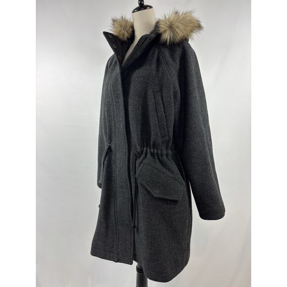 Madewell Vancouver Parka Coat Dark Grey Size XL Wool Blend Faux Fur Hood Pockets - Picture 16 of 16
